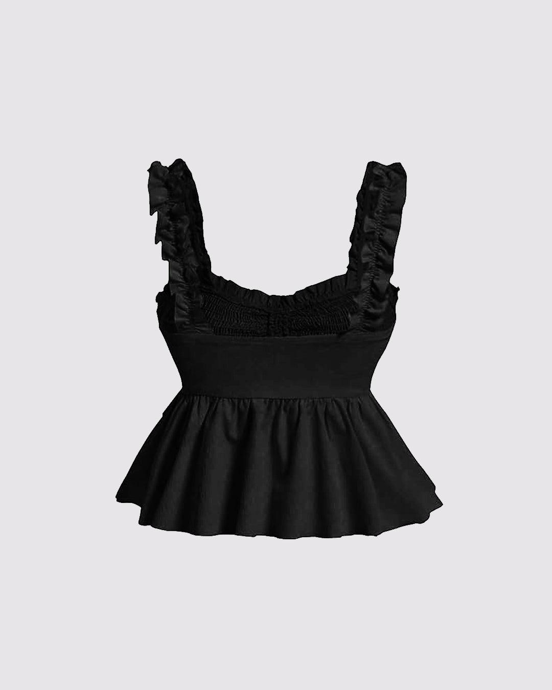 Solid Ruffle Front Tie Bow Sleeveless Black Crop Top