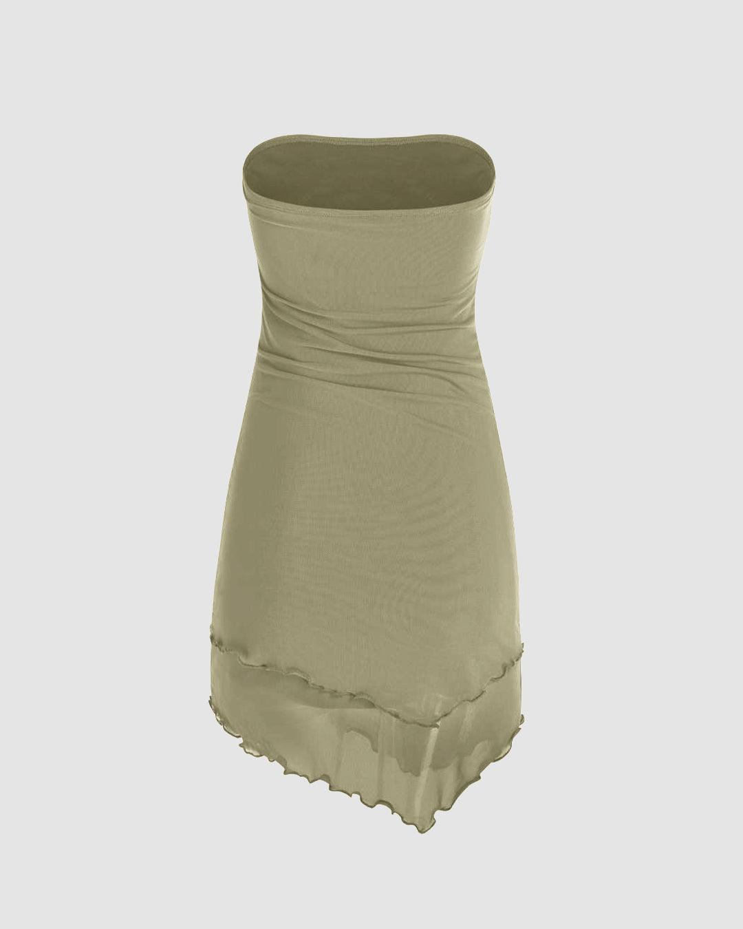 Solid Ruffle Ruched Tube Mini Dress In Green