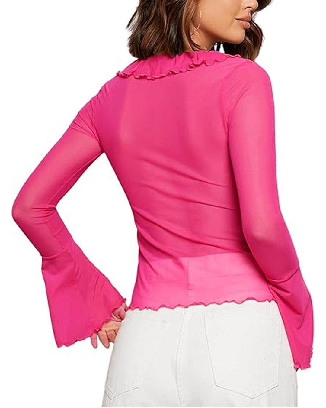 Solid Ruffle Trim Lace Up V-Neck Flare Sleeve Pink Top