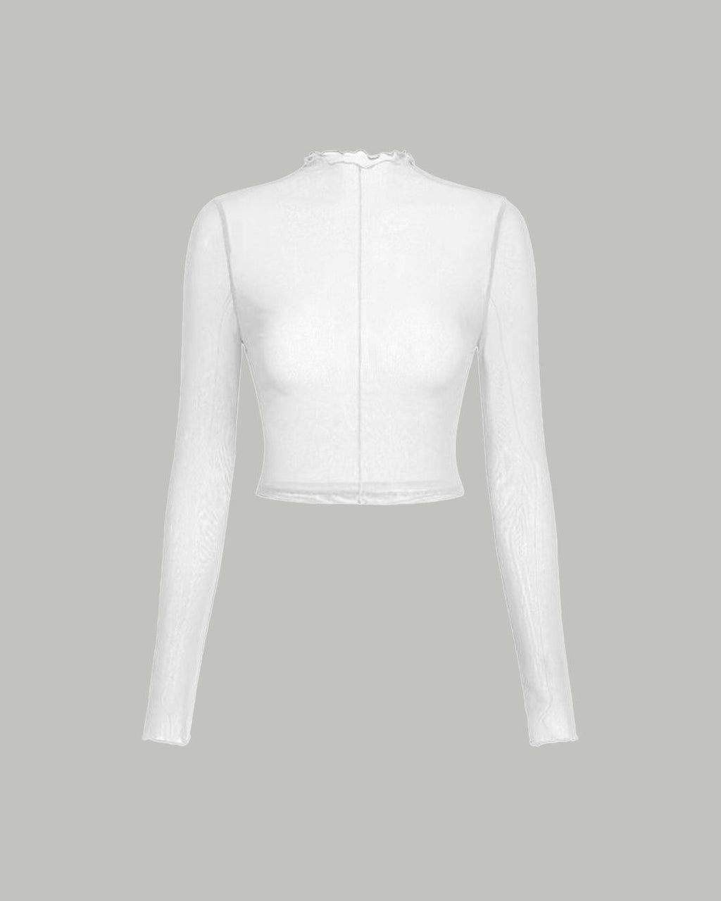 Solid Ruffle Turtleneck Lettuce Trim Long Sleeve White Top