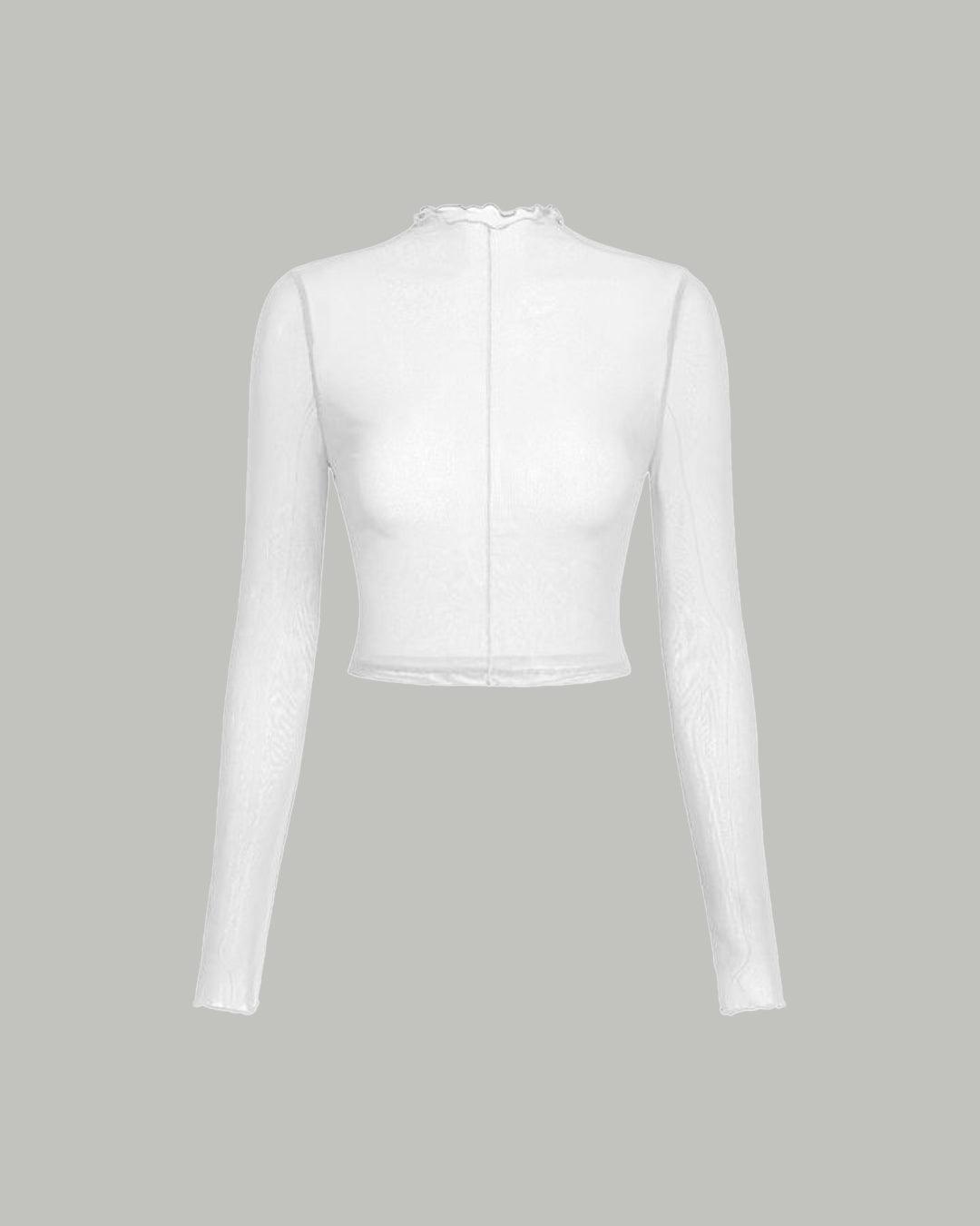 Solid Ruffle Turtleneck Lettuce Trim Long Sleeve White Top