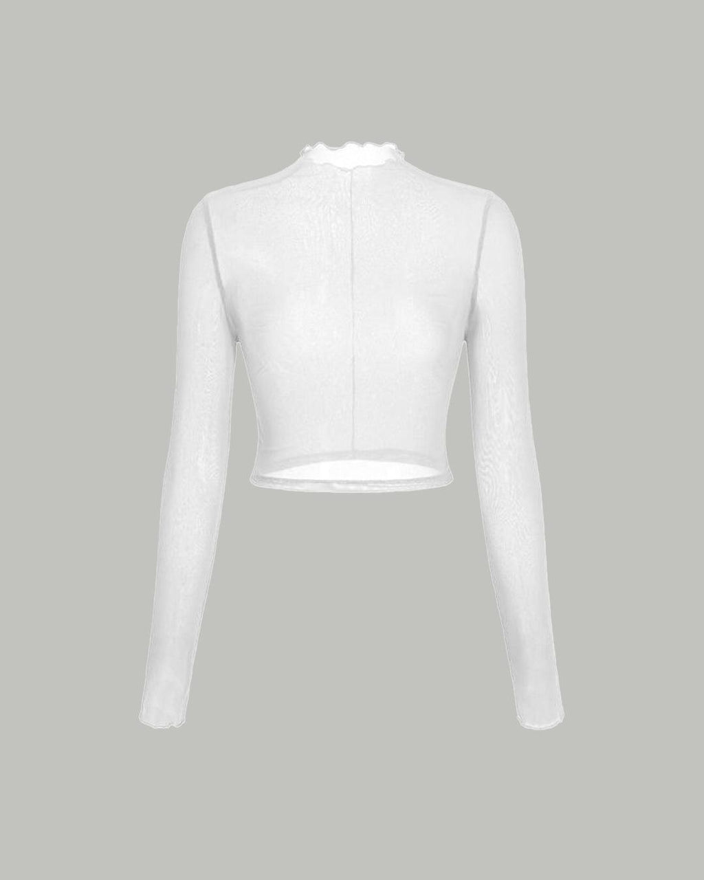 Solid Ruffle Turtleneck Lettuce Trim Long Sleeve White Top