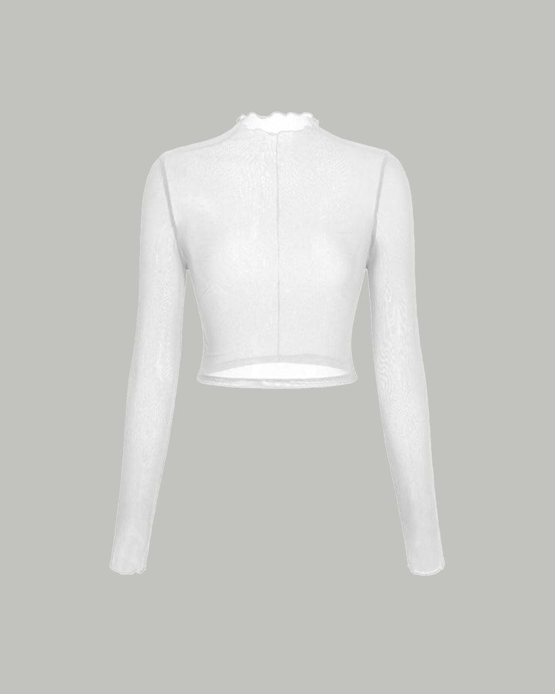 Solid Ruffle Turtleneck Lettuce Trim Long Sleeve White Top