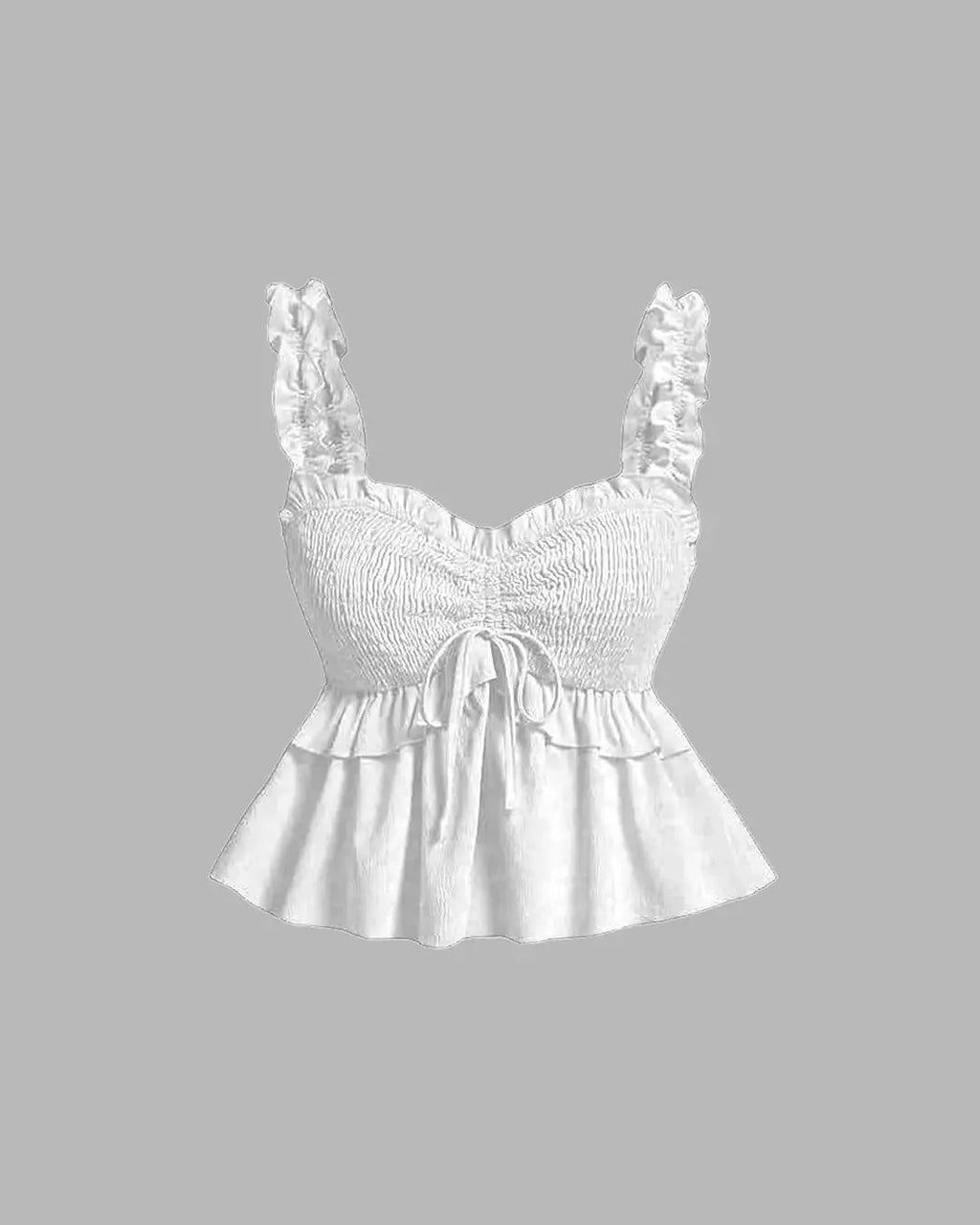 Solid Ruffle Wide Strap Front Tie Bow Tank Top In Off-White