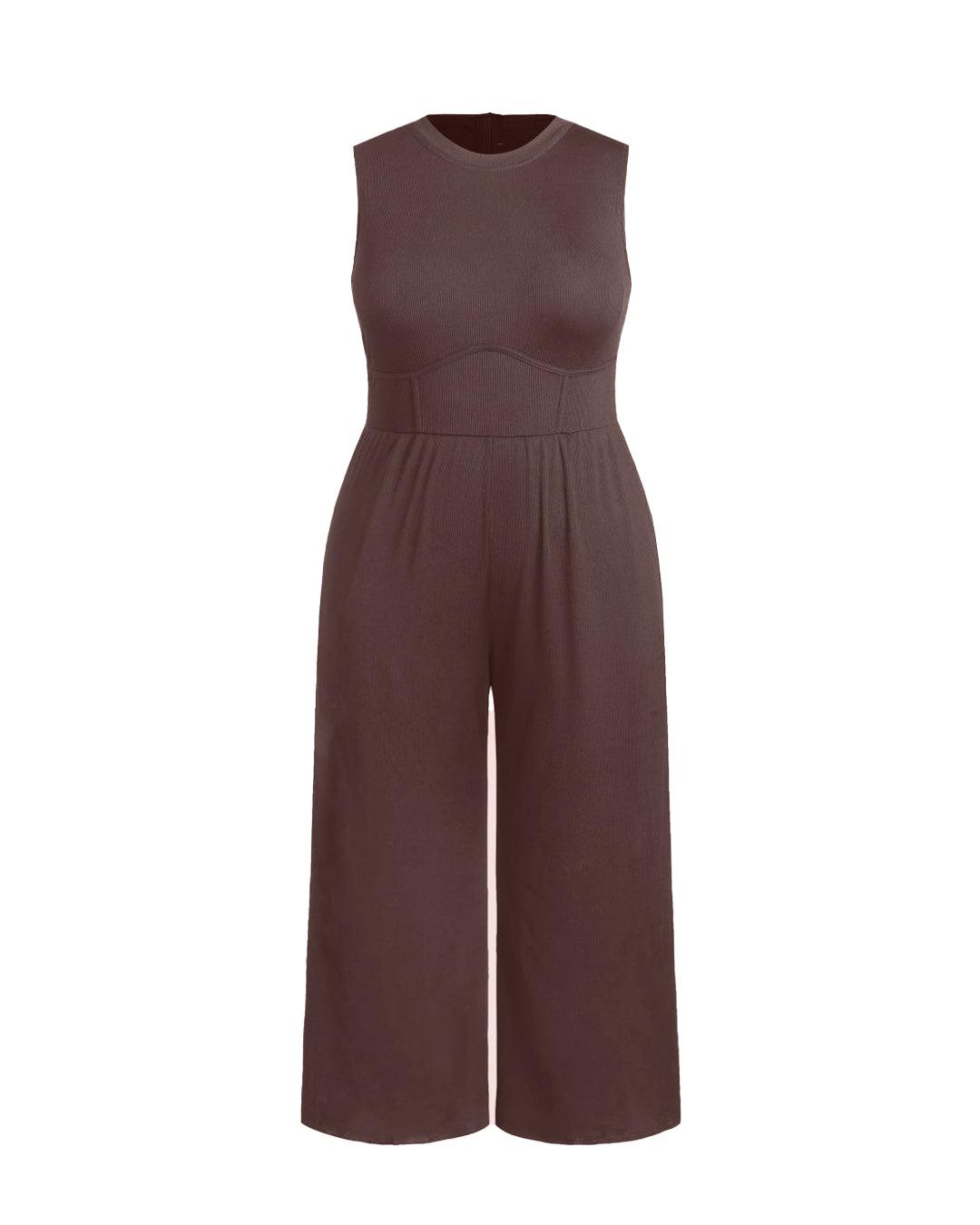Solid Sleeveless Wide Leg Brown Jumpsuit Curve & Plus