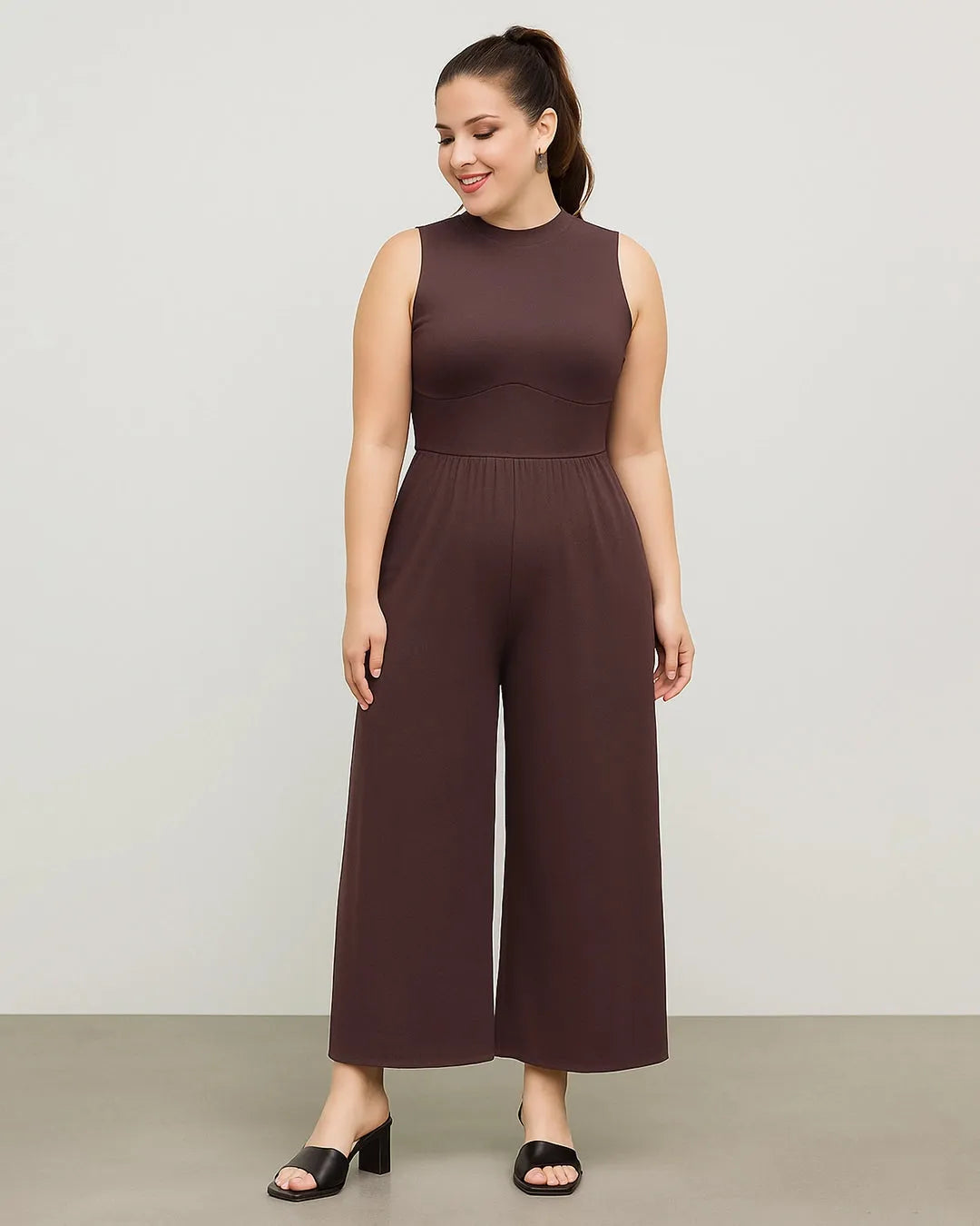 Solid Sleeveless Wide Leg Brown Jumpsuit Curve & Plus