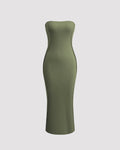 Solid Strapless Green Midi Dress
