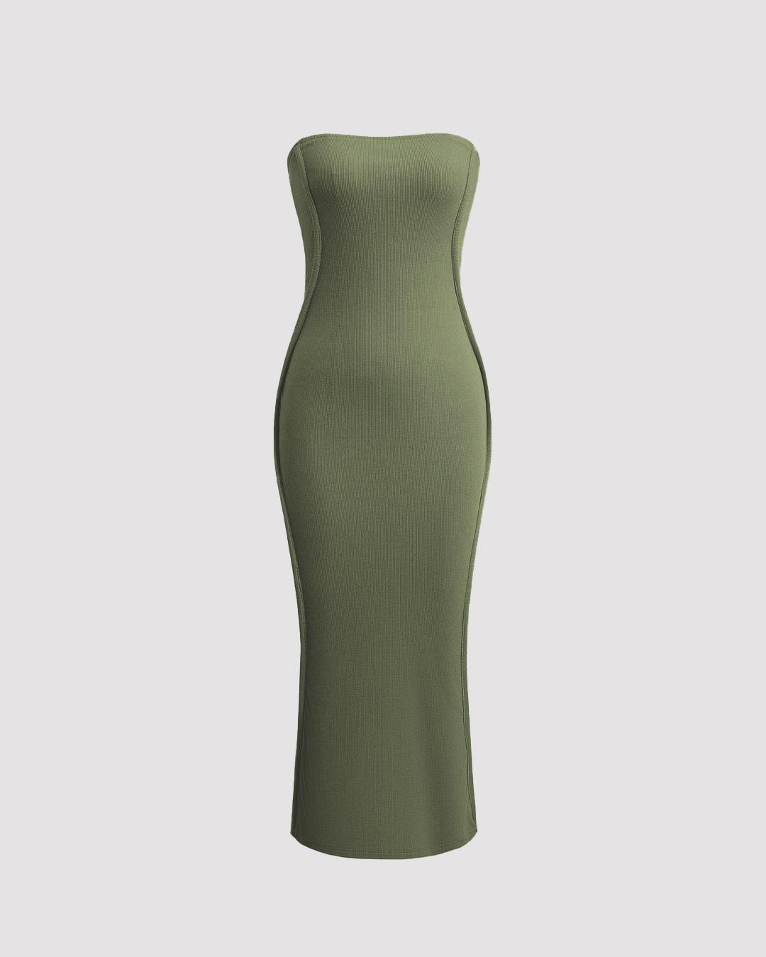 Solid Strapless Green Midi Dress