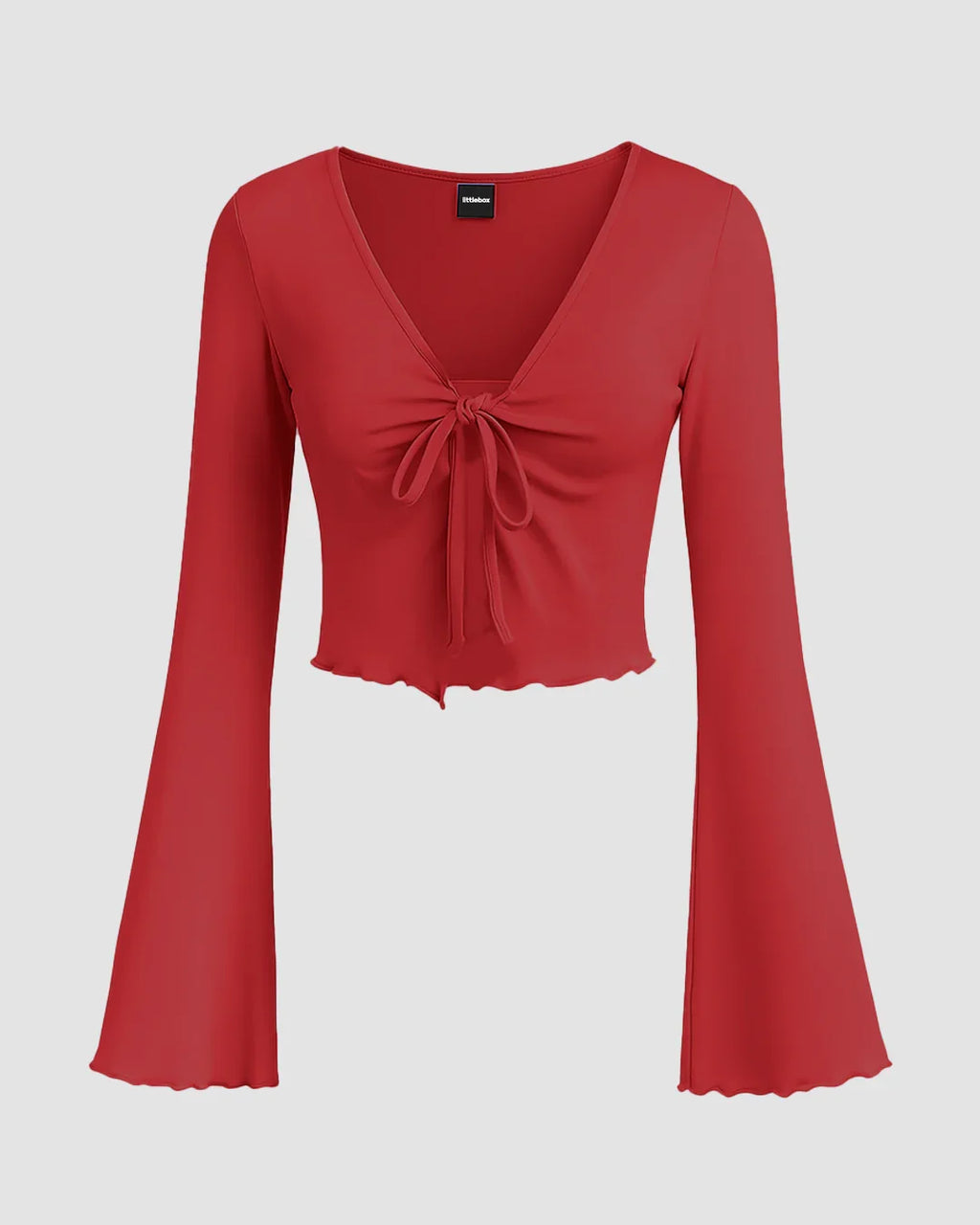 Solid Tie Front Bell Sleeve Mesh Crop Top in Dark Red