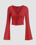 Solid Tie Front Bell Sleeve Mesh Crop Top in Dark Red