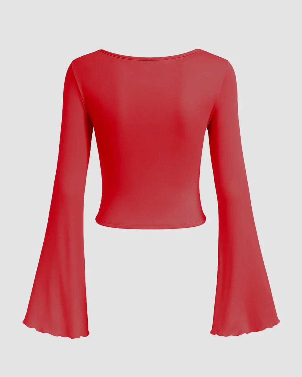 Solid Tie Front Bell Sleeve Mesh Crop Top in Dark Red