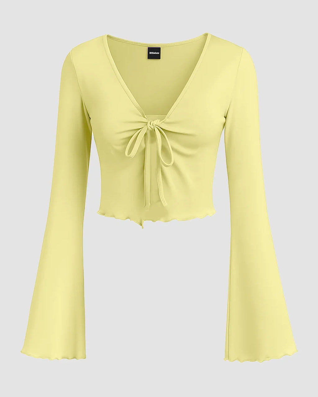Solid Tie Front Bell Sleeve Mesh Crop Top in French Vanilla