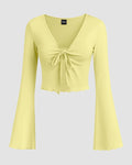 Solid Tie Front Bell Sleeve Mesh Crop Top in French Vanilla
