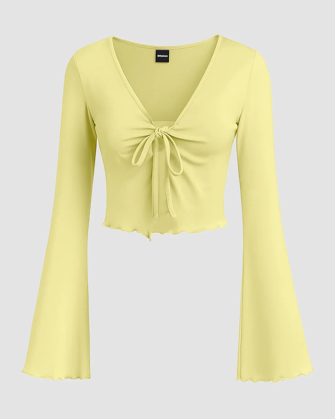 Solid Tie Front Bell Sleeve Mesh Crop Top in French Vanilla