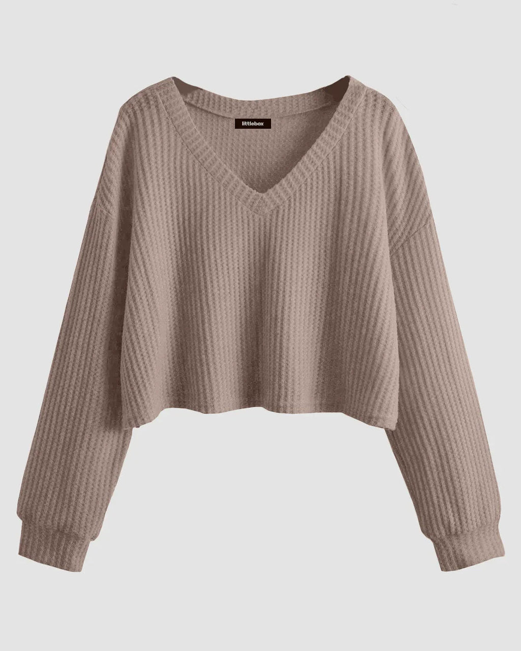 Solid V-Neck Drop Shoulder Long Sleeve Cropped Sweater in Brown