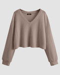 Solid V-Neck Drop Shoulder Long Sleeve Cropped Sweater in Brown