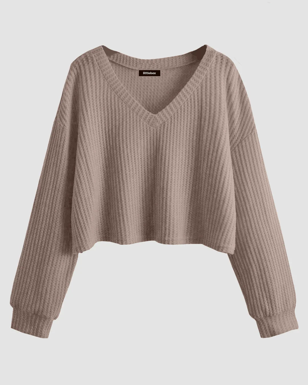 Solid V-Neck Drop Shoulder Long Sleeve Cropped Sweater in Brown