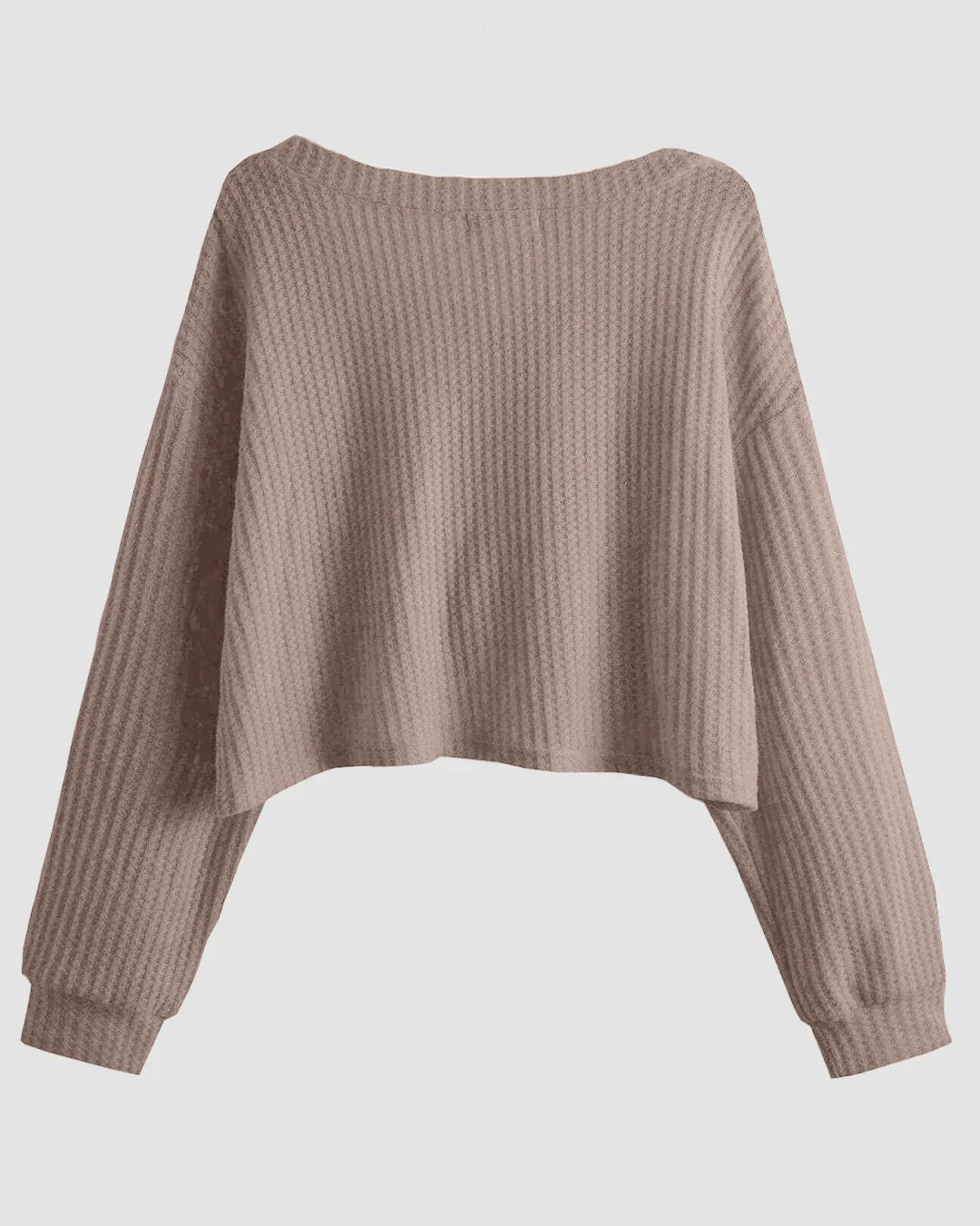 Solid V-Neck Drop Shoulder Long Sleeve Cropped Sweater in Brown