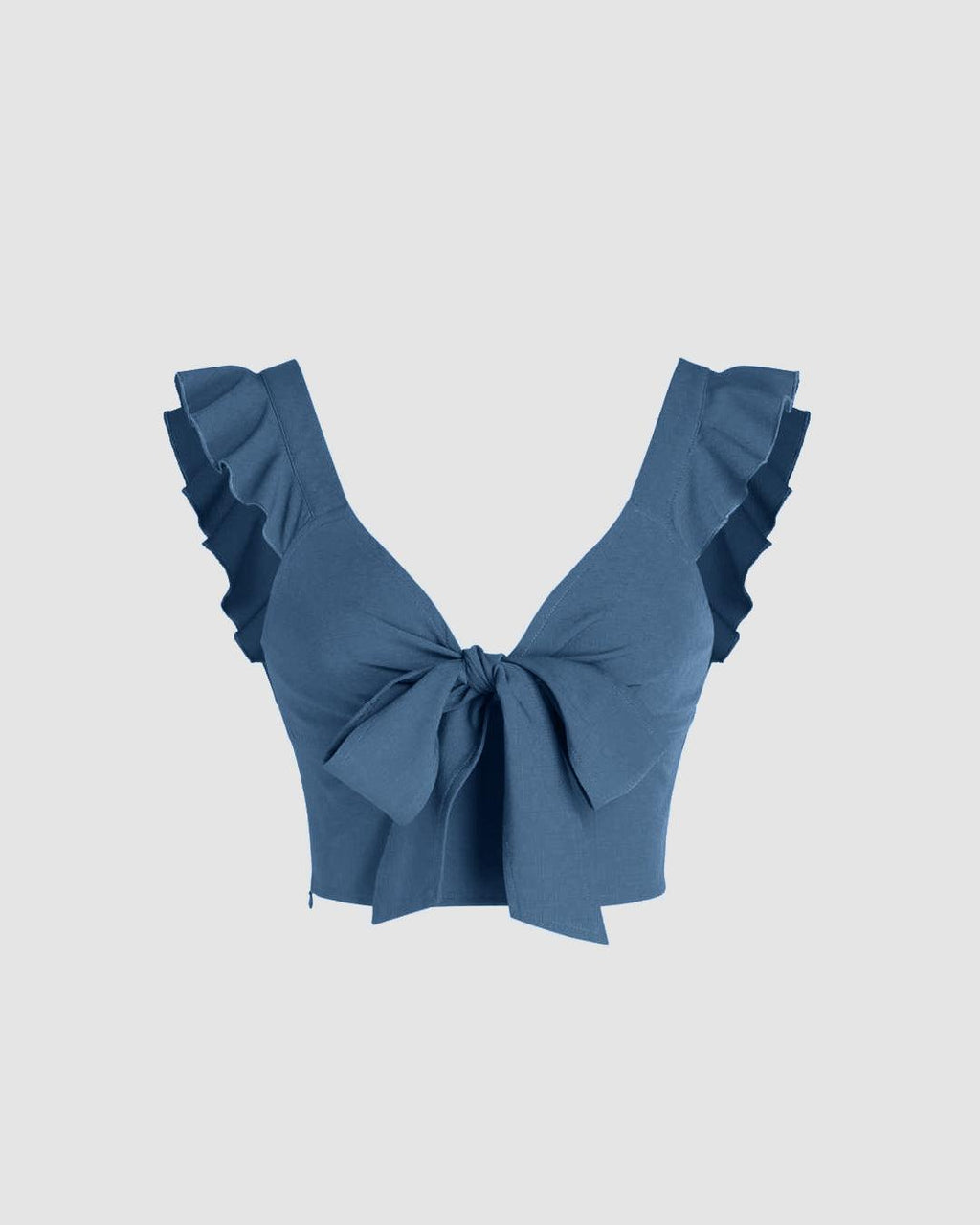 Solid V-Neck Ruffle Knotted Blue Crop Top