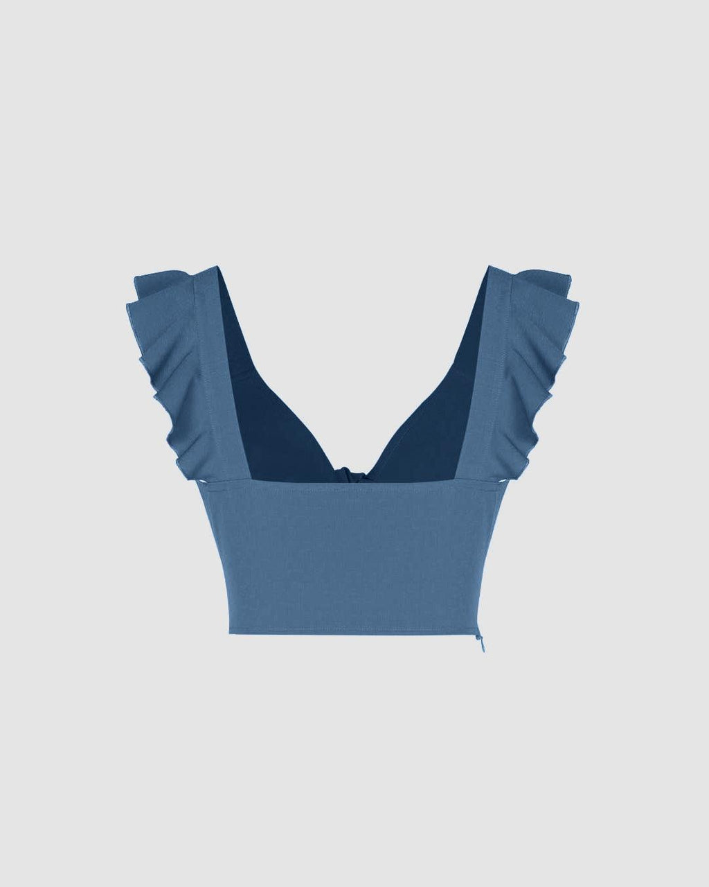 Solid V-Neck Ruffle Knotted Blue Crop Top