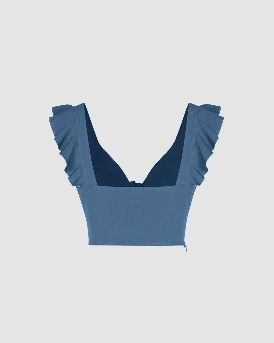 Solid V-Neck Ruffle Knotted Blue Crop Top