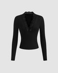 Solid V Neck Long Sleeve Lace Top
