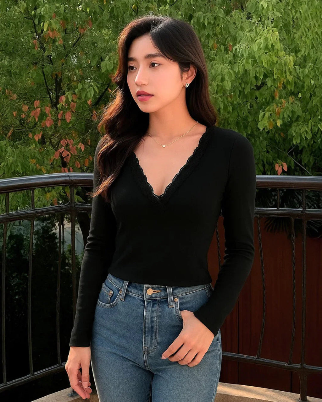 Solid V Neck Long Sleeve Lace Top