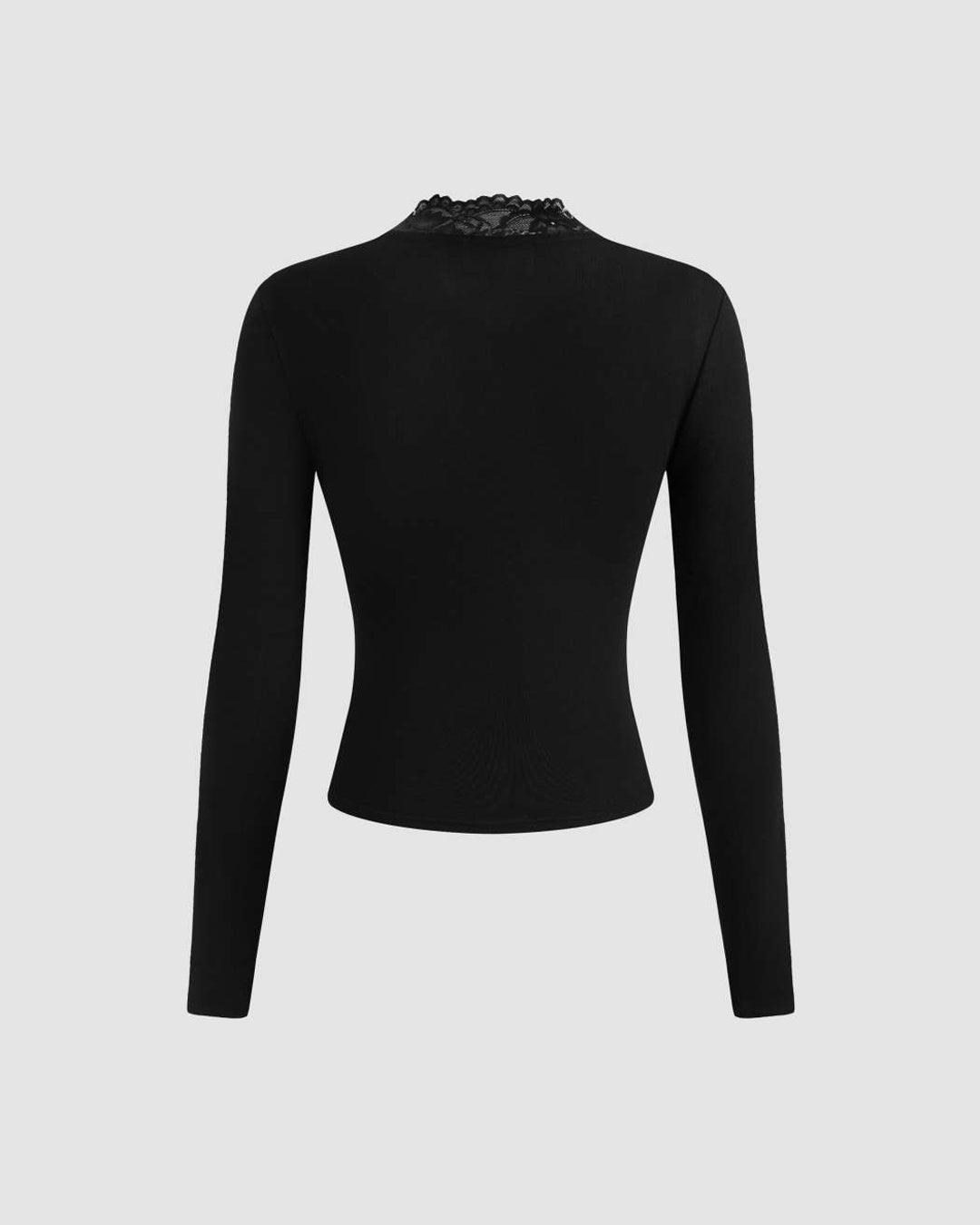 Solid V Neck Long Sleeve Lace Top