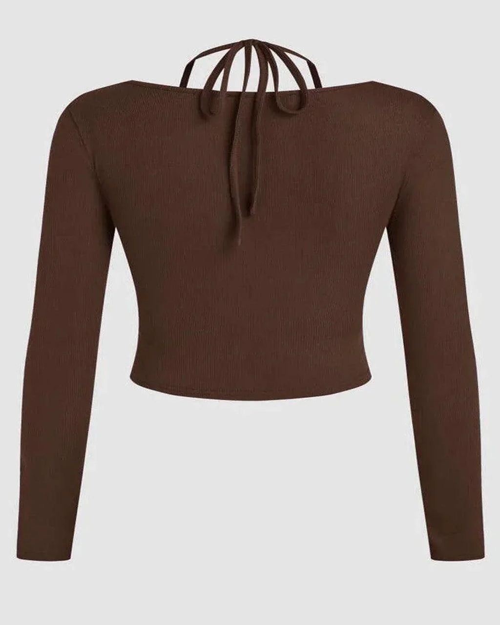 Solid Wrap Cut Out Neck Rib Knit Full Sleeve Top In Chocolate Curve & Plus