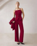 Spaghetti Strap Button Top & Straight-Leg Trouser Matching Set in Burgundy