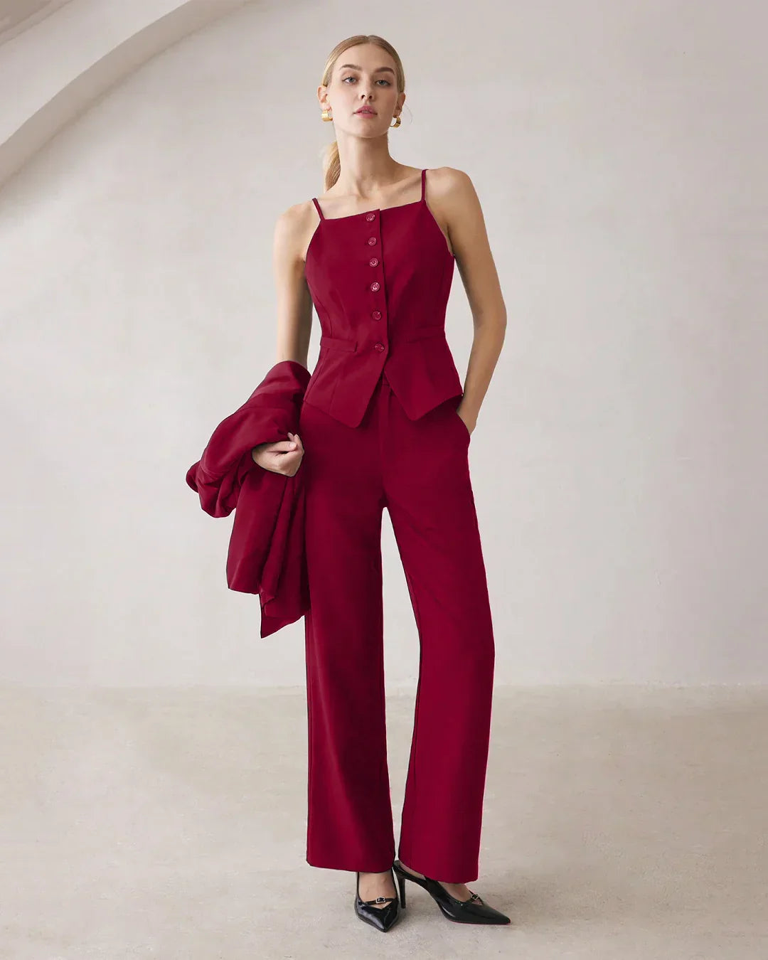 Spaghetti Strap Button Top & Straight-Leg Trouser Matching Set in Burgundy