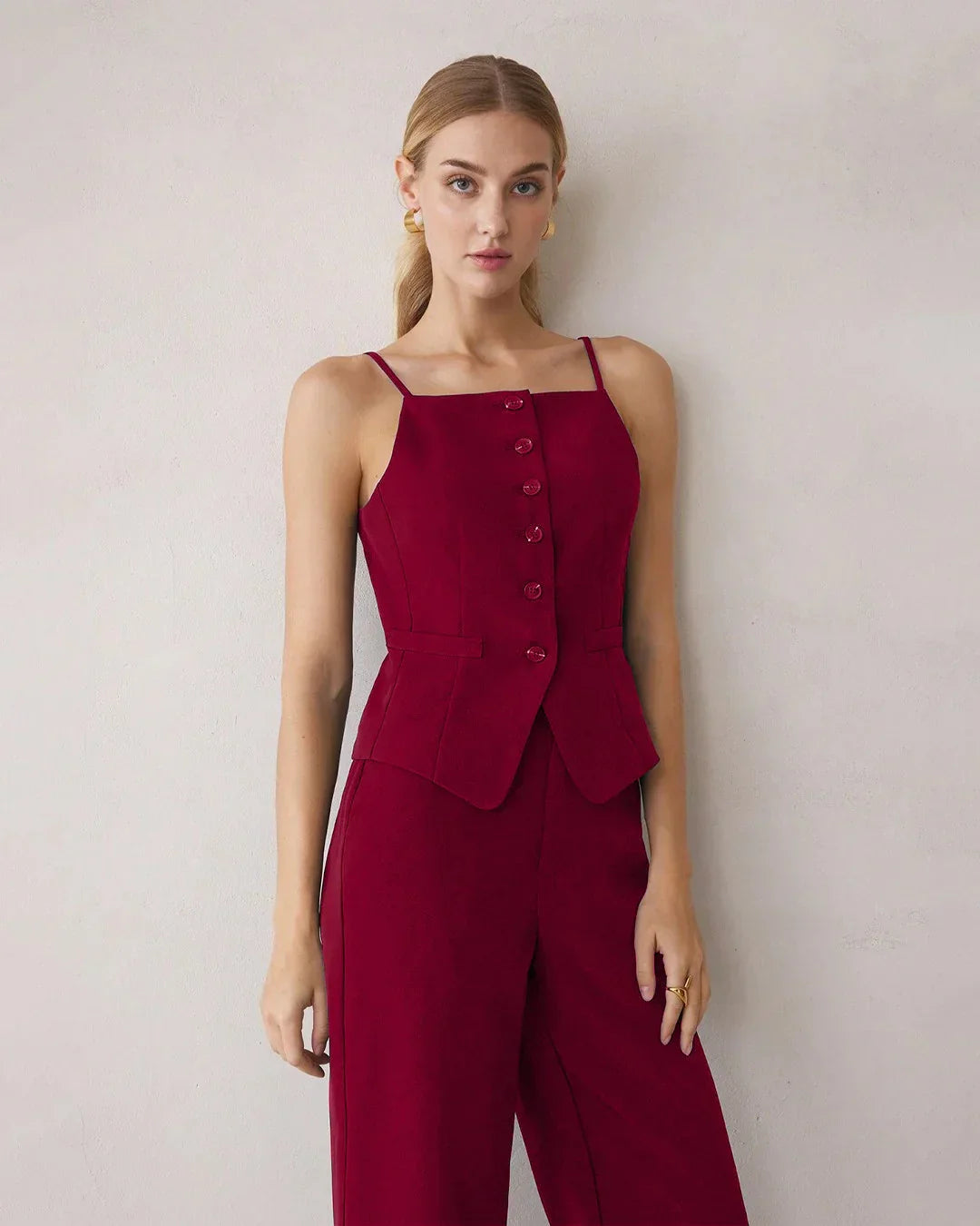 Spaghetti Strap Button Top & Straight-Leg Trouser Matching Set in Burgundy