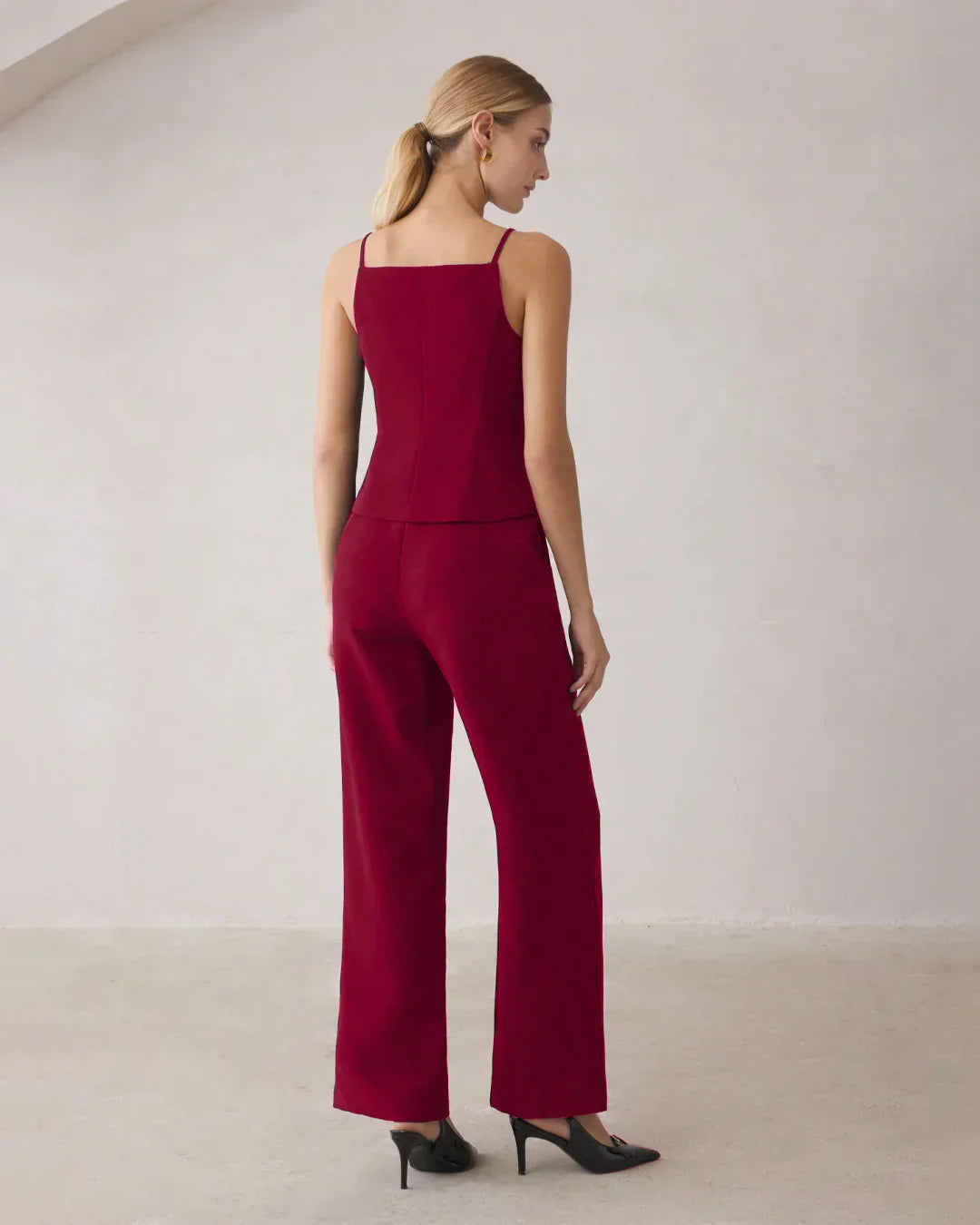 Spaghetti Strap Button Top & Straight-Leg Trouser Matching Set in Burgundy