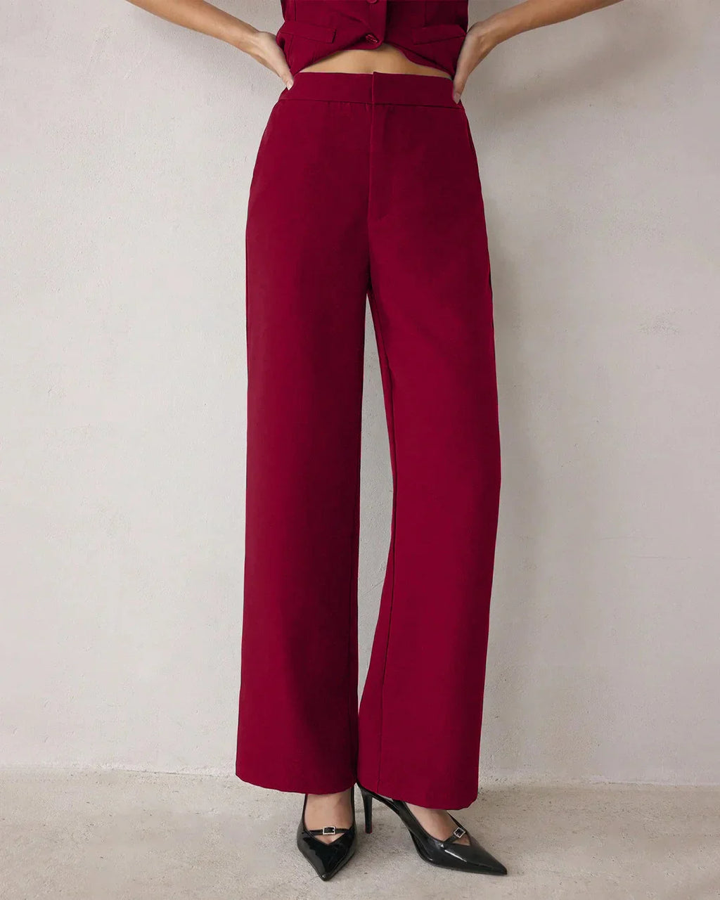 Spaghetti Strap Button Top & Straight-Leg Trouser Matching Set in Burgundy