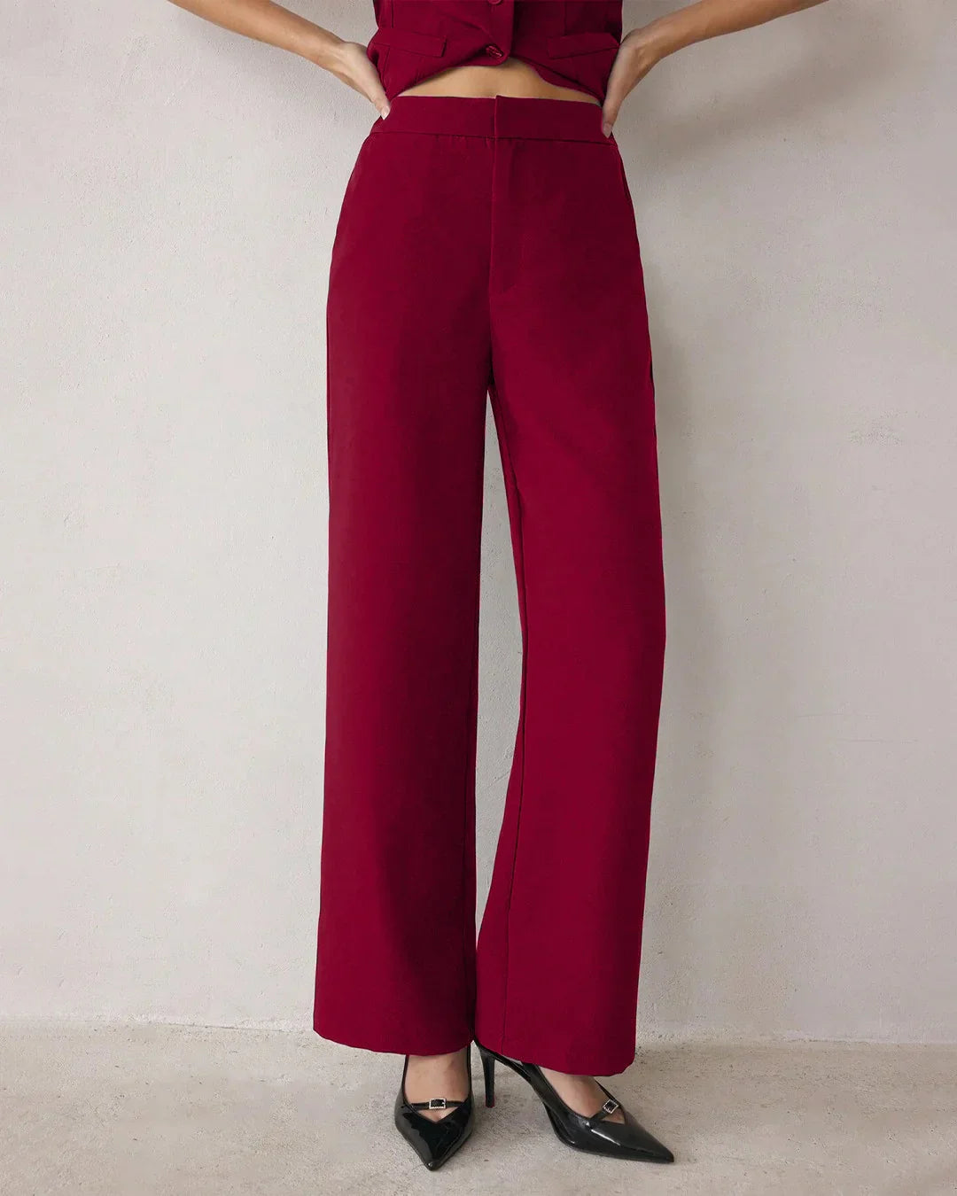 Spaghetti Strap Button Top & Straight-Leg Trouser Matching Set in Burgundy