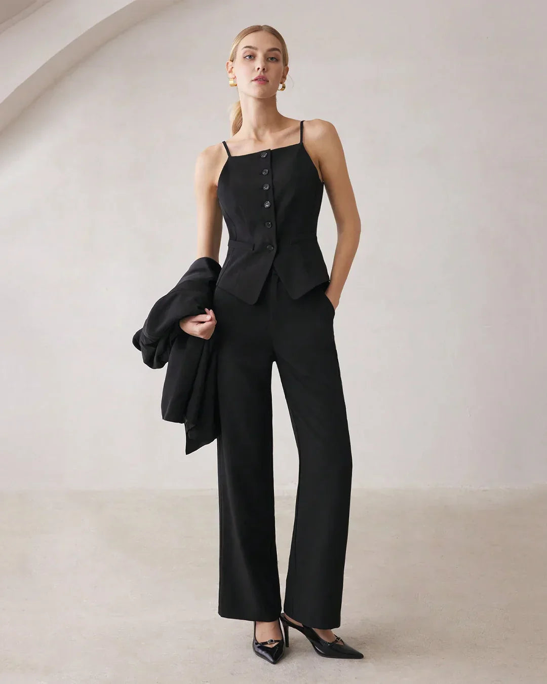 Spaghetti Strap Button Top & Straight-Leg Trousers Matching Set in Black