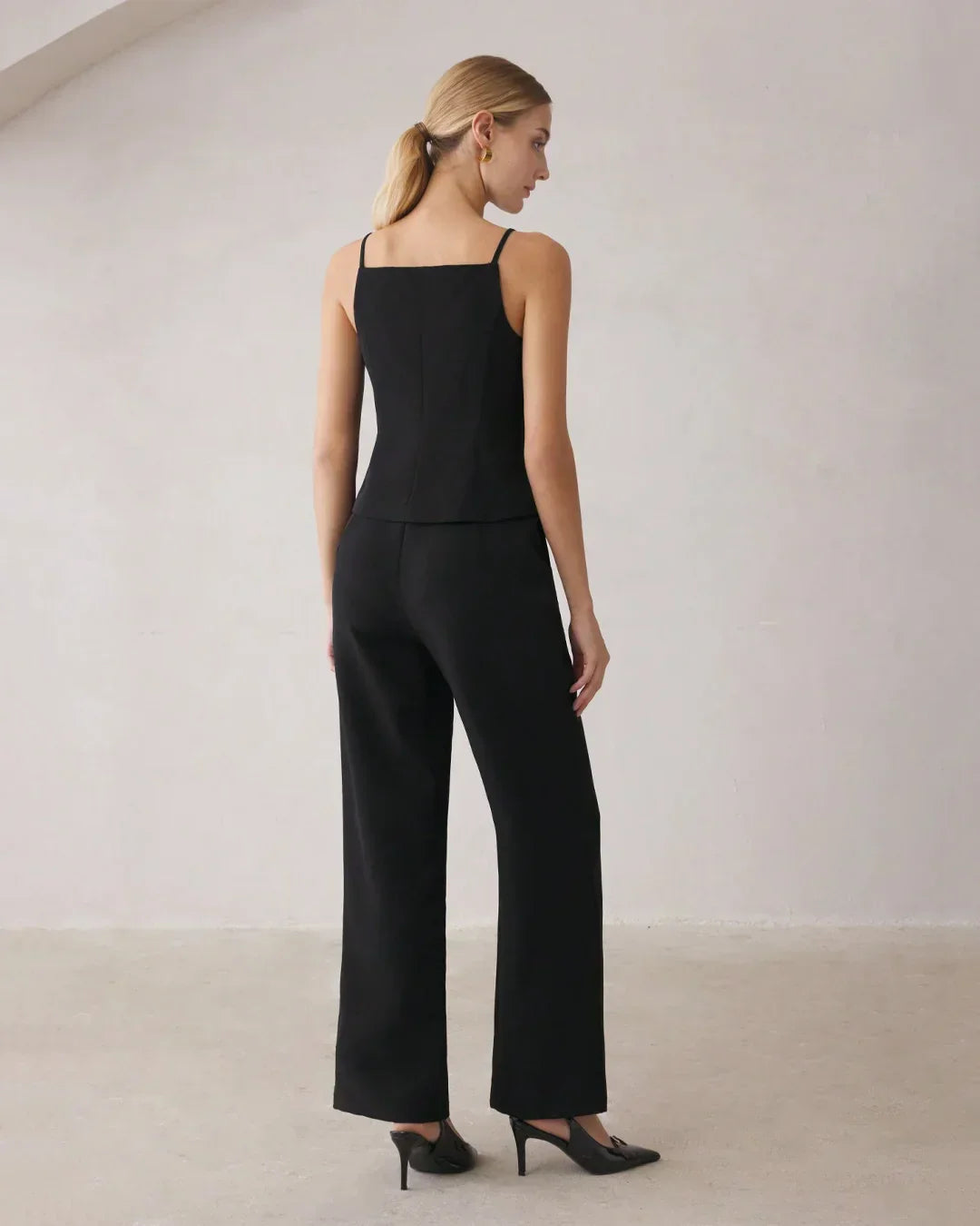 Spaghetti Strap Button Top & Straight-Leg Trousers Matching Set in Black