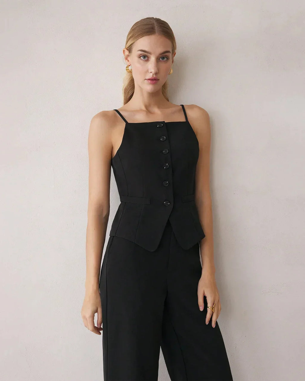 Spaghetti Strap Button Top & Straight-Leg Trousers Matching Set in Black