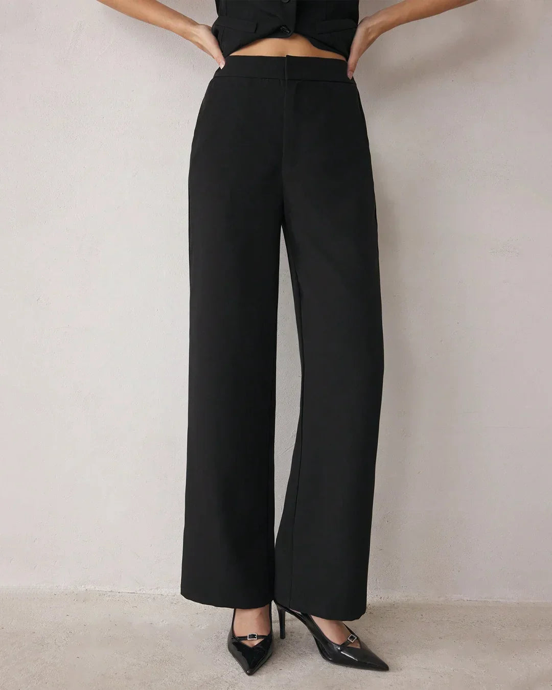 Spaghetti Strap Button Top & Straight-Leg Trousers Matching Set in Black