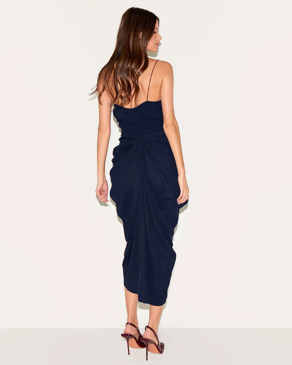 Navy Blue Ruched Spaghetti Strap Slit Midi Dress