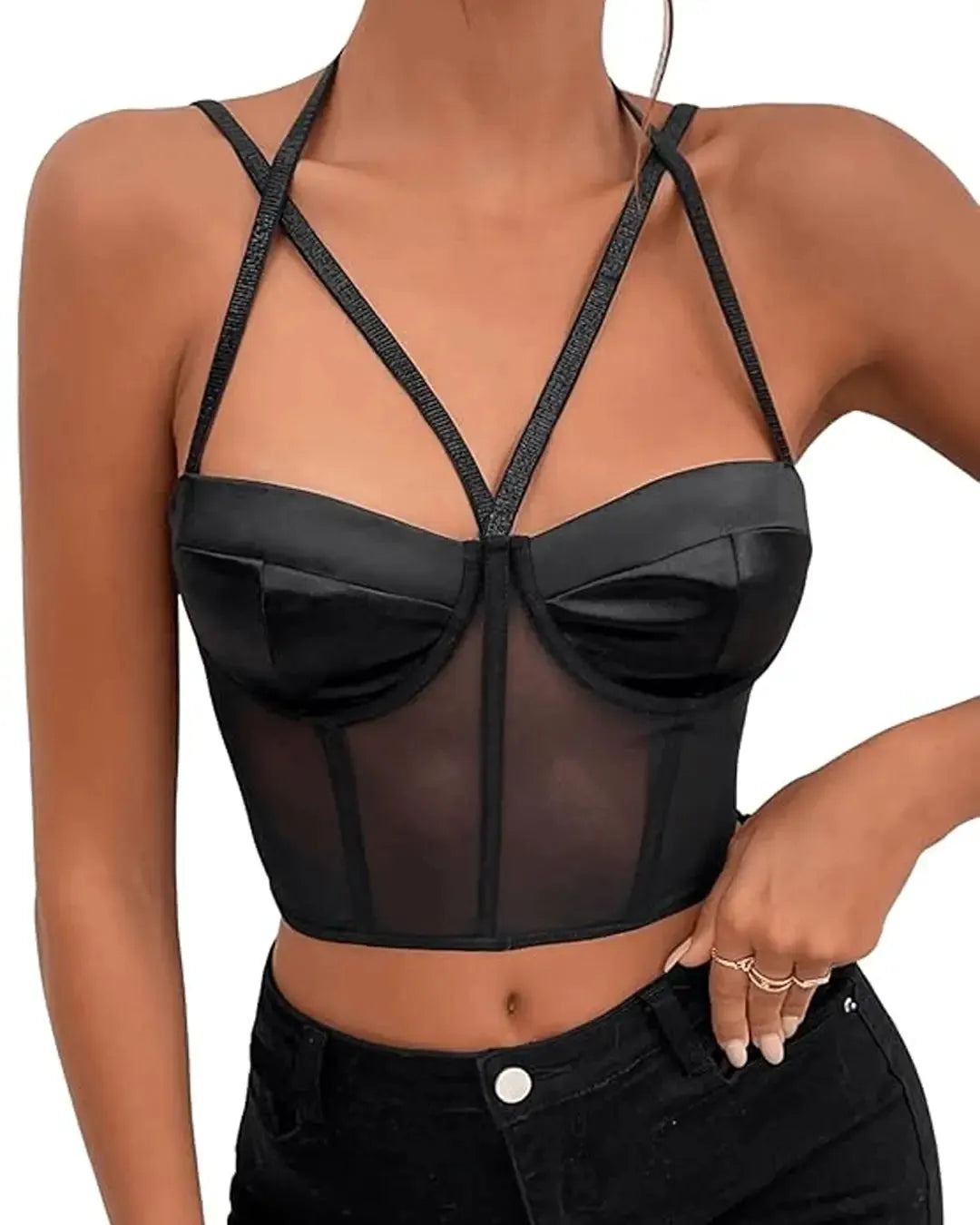 Spaghetti Strap Criss Cross Bustier Sheer Mesh Halter Cami Tops