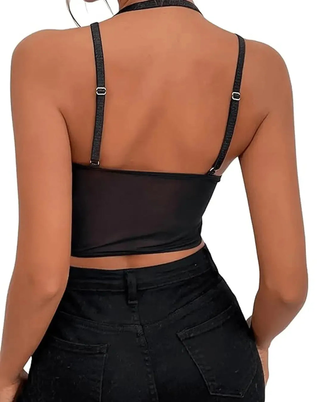Spaghetti Strap Criss Cross Bustier Sheer Mesh Halter Cami Tops
