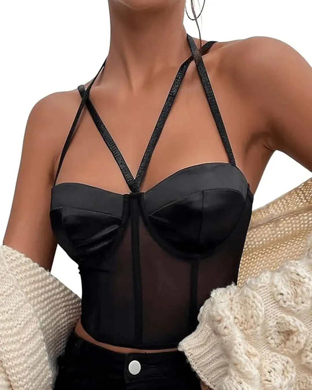 Spaghetti Strap Criss Cross Bustier Sheer Mesh Halter Cami Tops