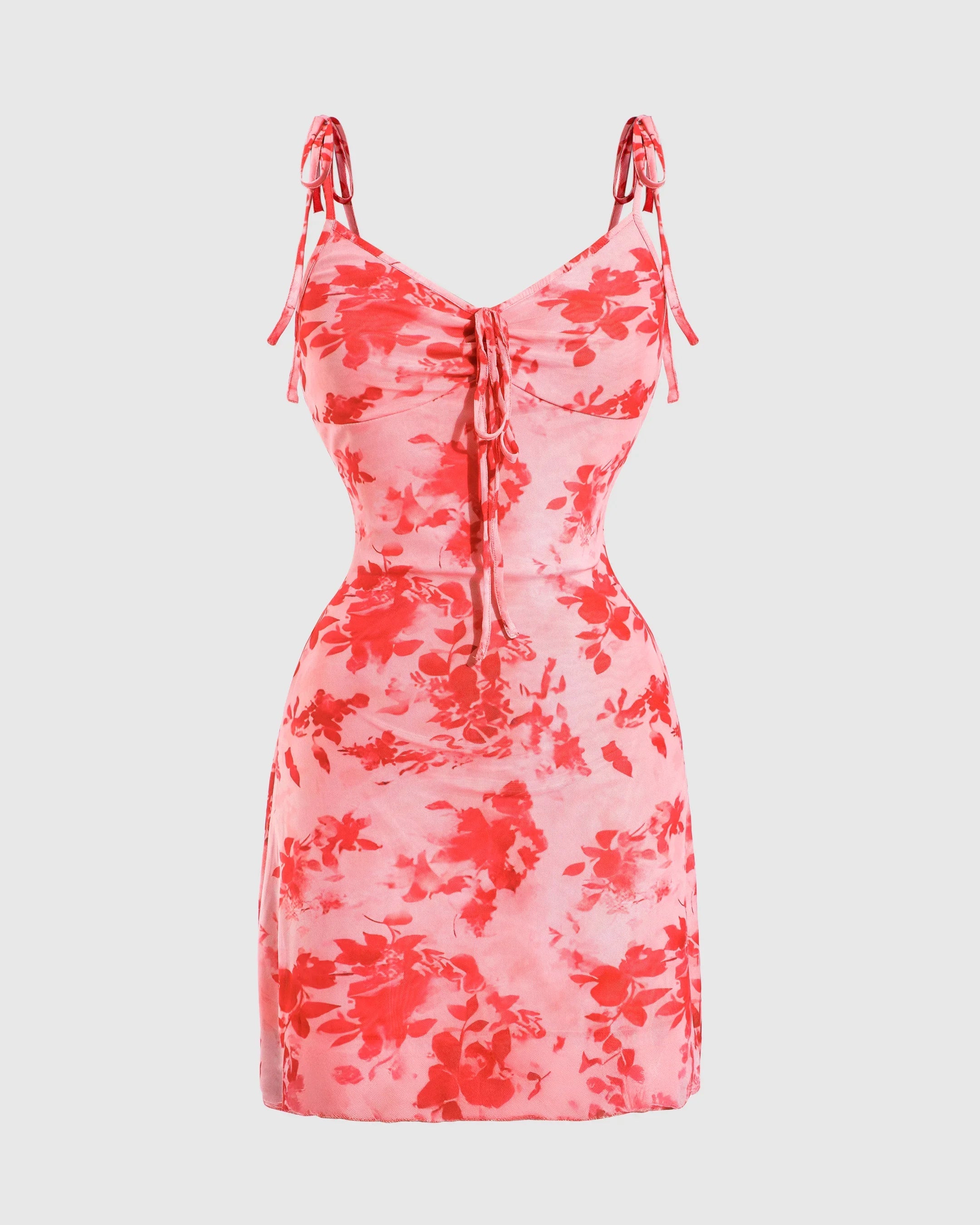 Spaghetti Strap Floral Mesh Mini Dress