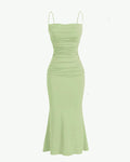 Spaghetti Strap Ruched Bodycon Corset Maxi Dress In Green
