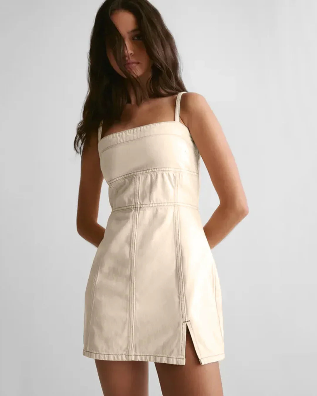 Spaghetti Strap Square Neck Slit Mini Dress in Apricot