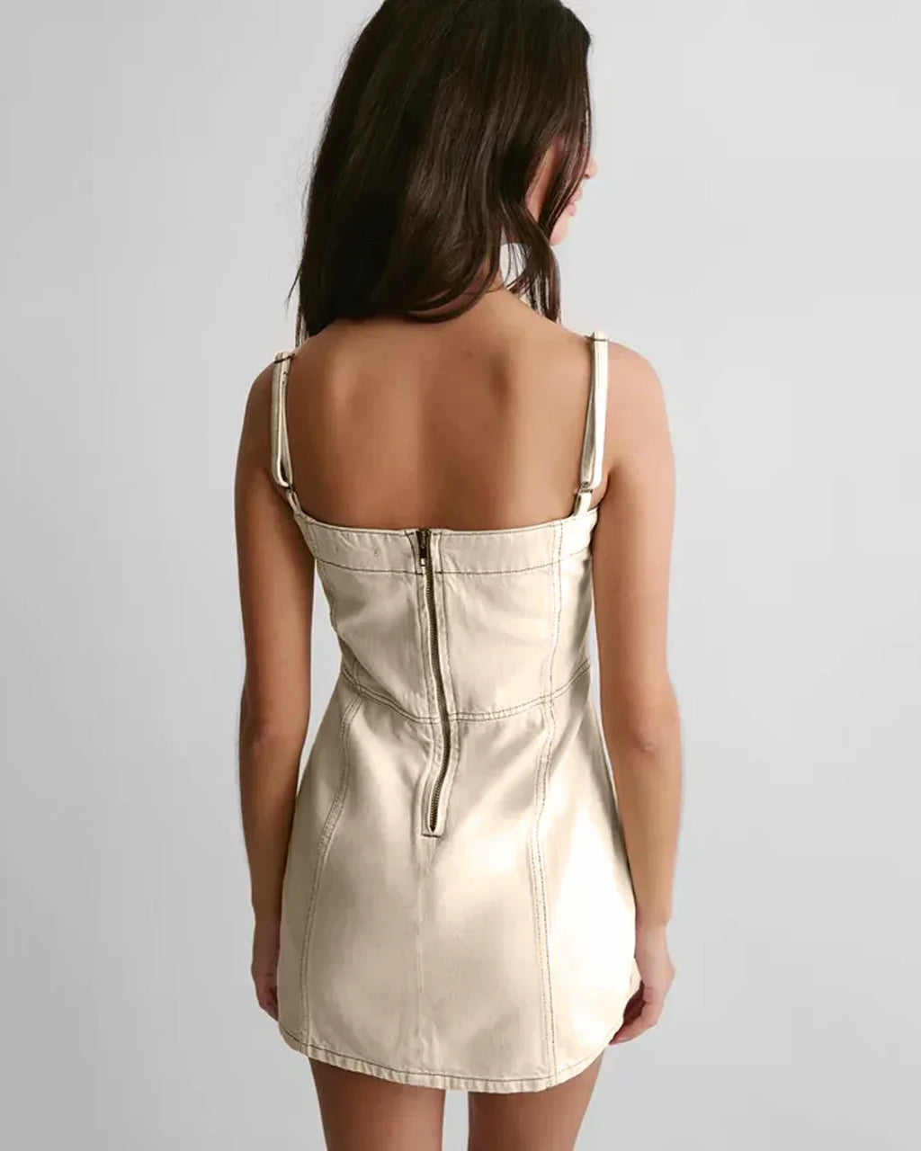 Spaghetti Strap Square Neck Slit Mini Dress in Apricot