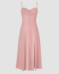 Spaghetti Strap Sweetheart Slit Midi Dress in Pink