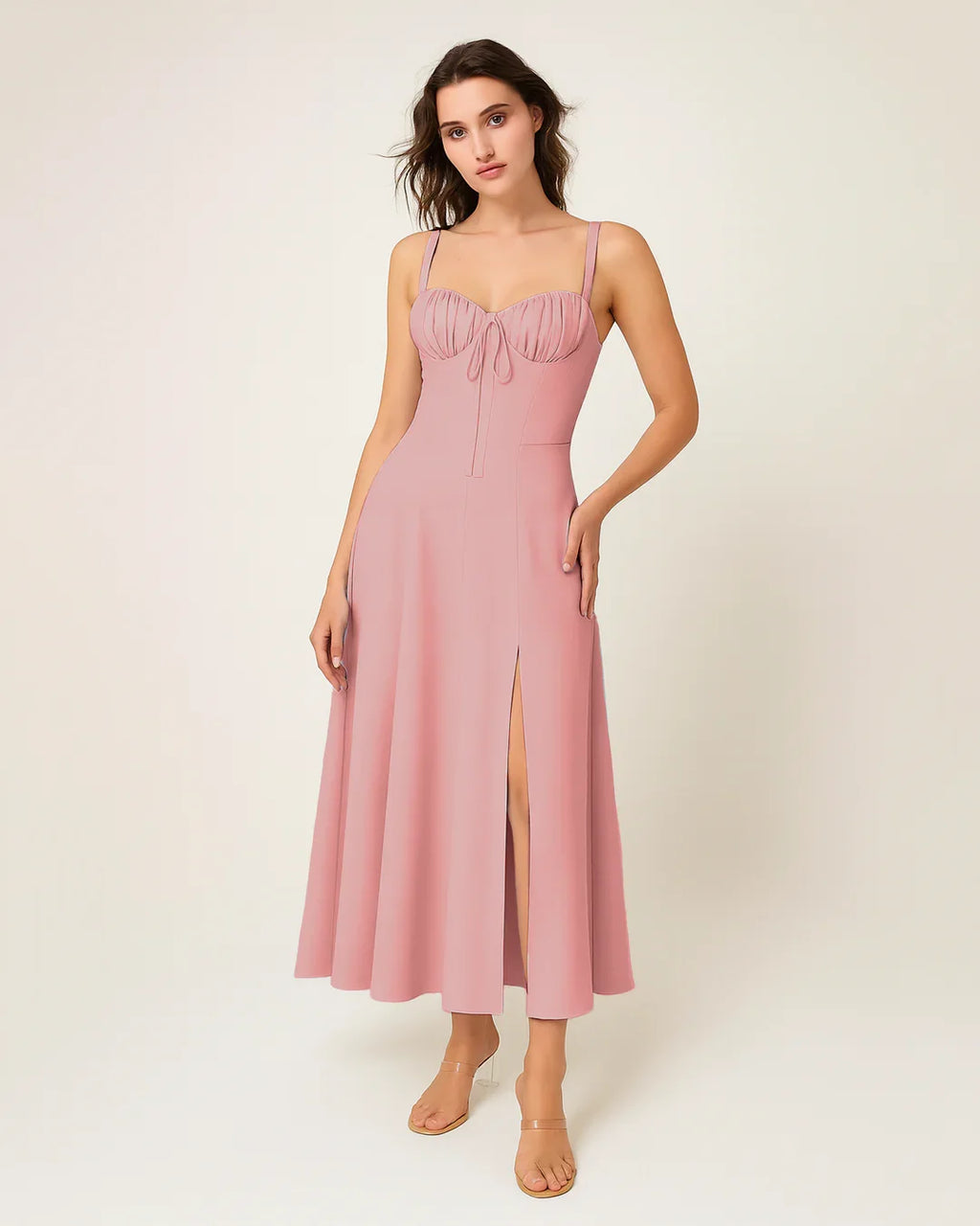 Spaghetti Strap Sweetheart Slit Midi Dress in Pink