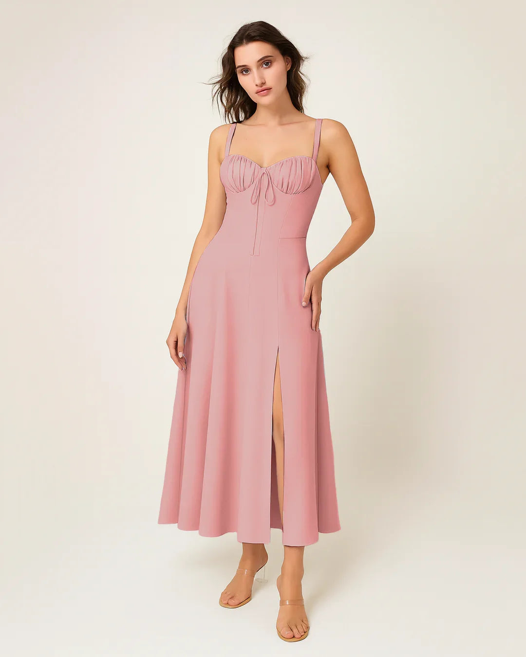 Spaghetti Strap Sweetheart Slit Midi Dress in Pink